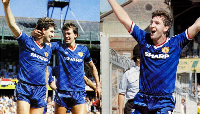 Camisa retrô azul do Manchester United Adidas 1986-1988 versão torcedor.